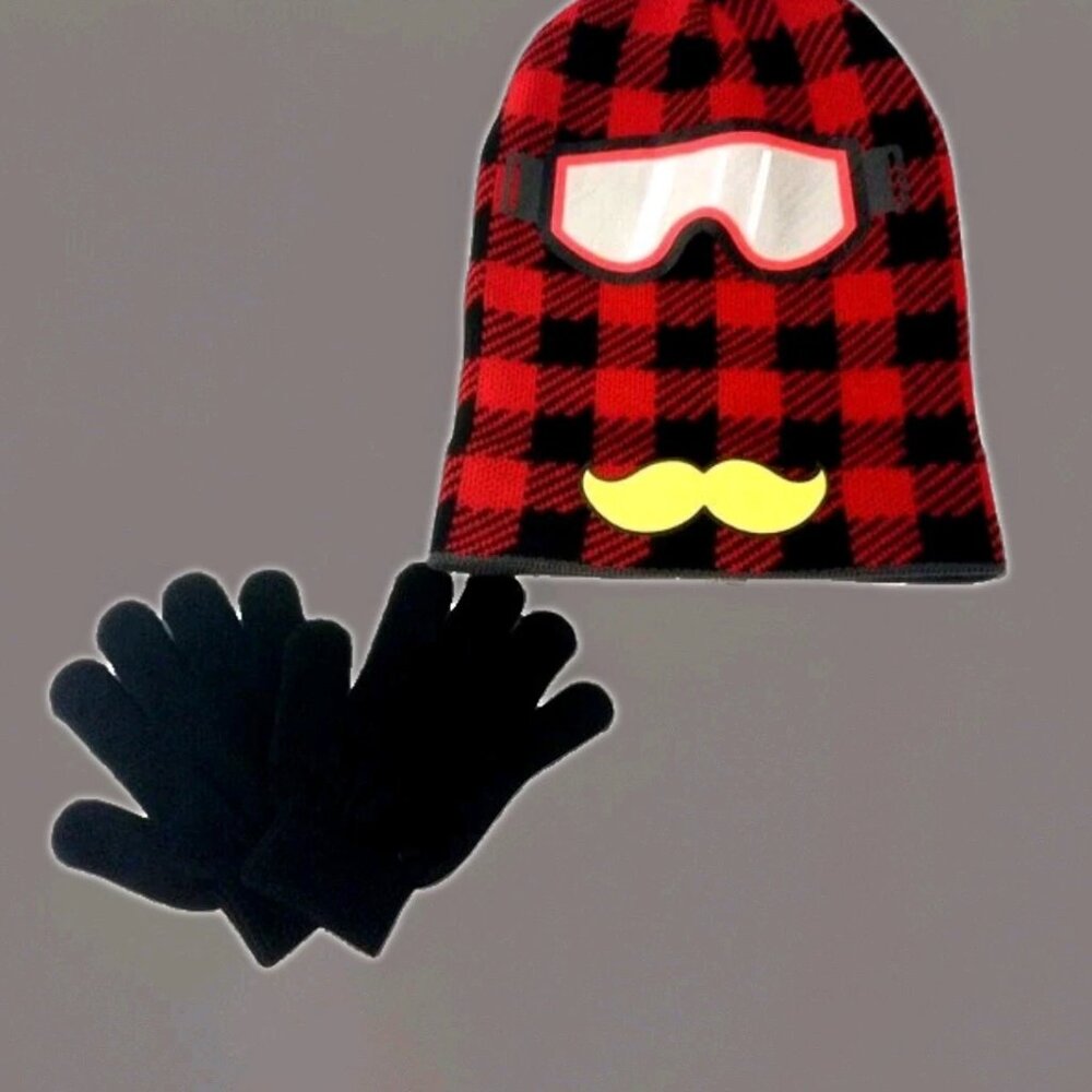 Spotted Zebra Boy's PLAID SKI MONSTER Hat Cap & Mitten  (4-7 Years).
